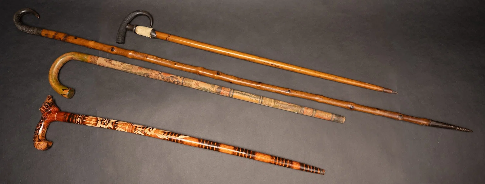 19th c. Walking Sticks / Cane Collection Buffalo Horn Carved Wood etc