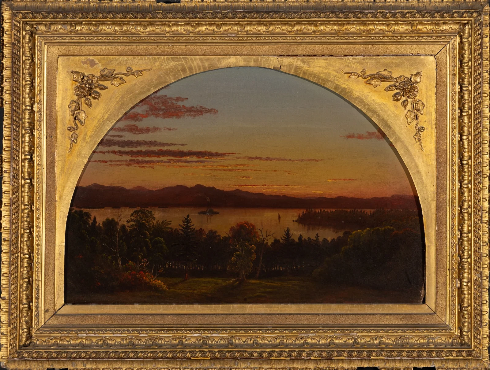 19th Century American School , Paddle Steamer on Lake, Oil on canvas, framed