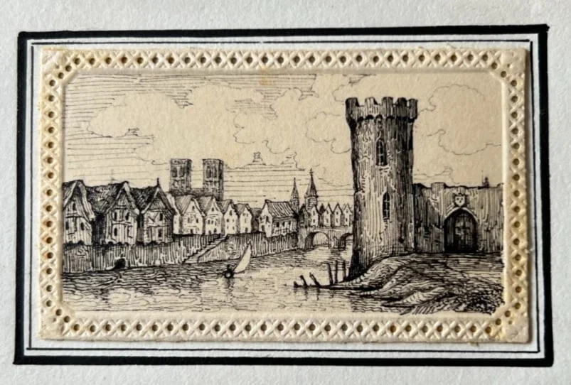19th century Cityview, Houses, Town, Landscape, Castle Drawing Vintage Original