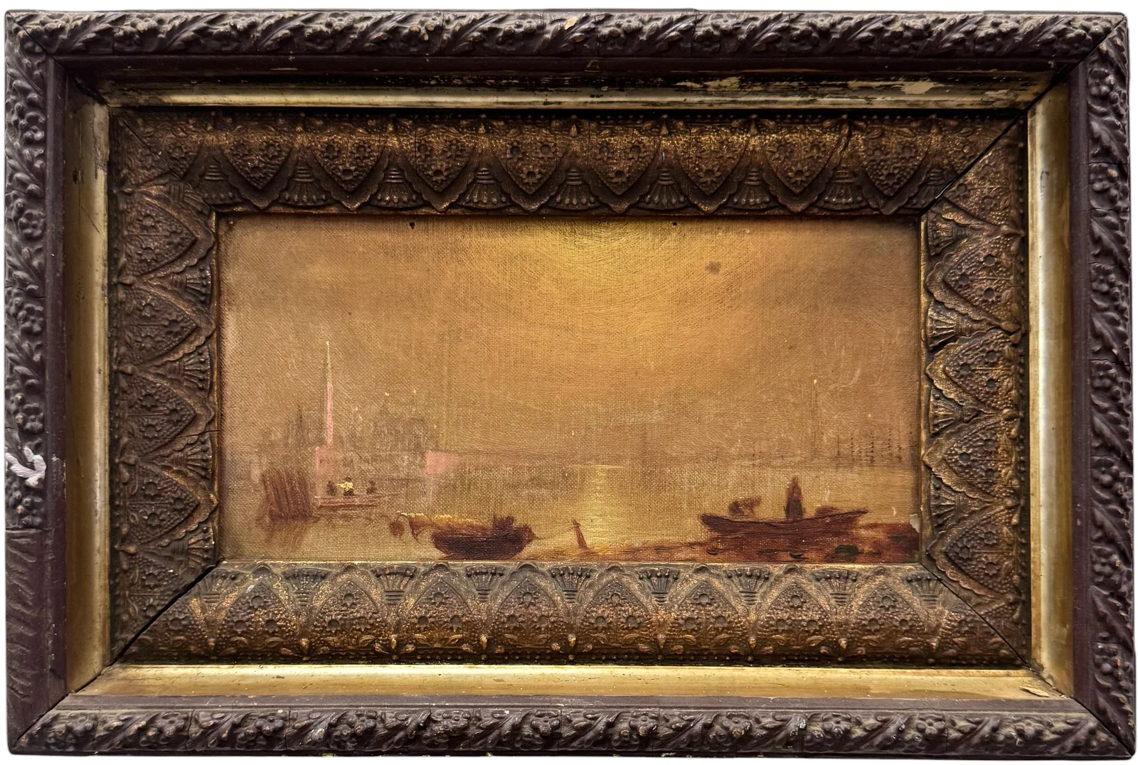 19th Century European Impressionist Harbor Scene Venice At Night Oil On Board
