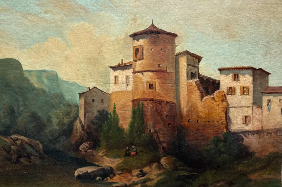 19th Century Fortified Hamlet Village Landscape -Painting Antique Oil Original