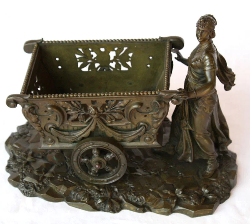 19th Century French Art Nouveau Bronze Centerpiece Lady Cart