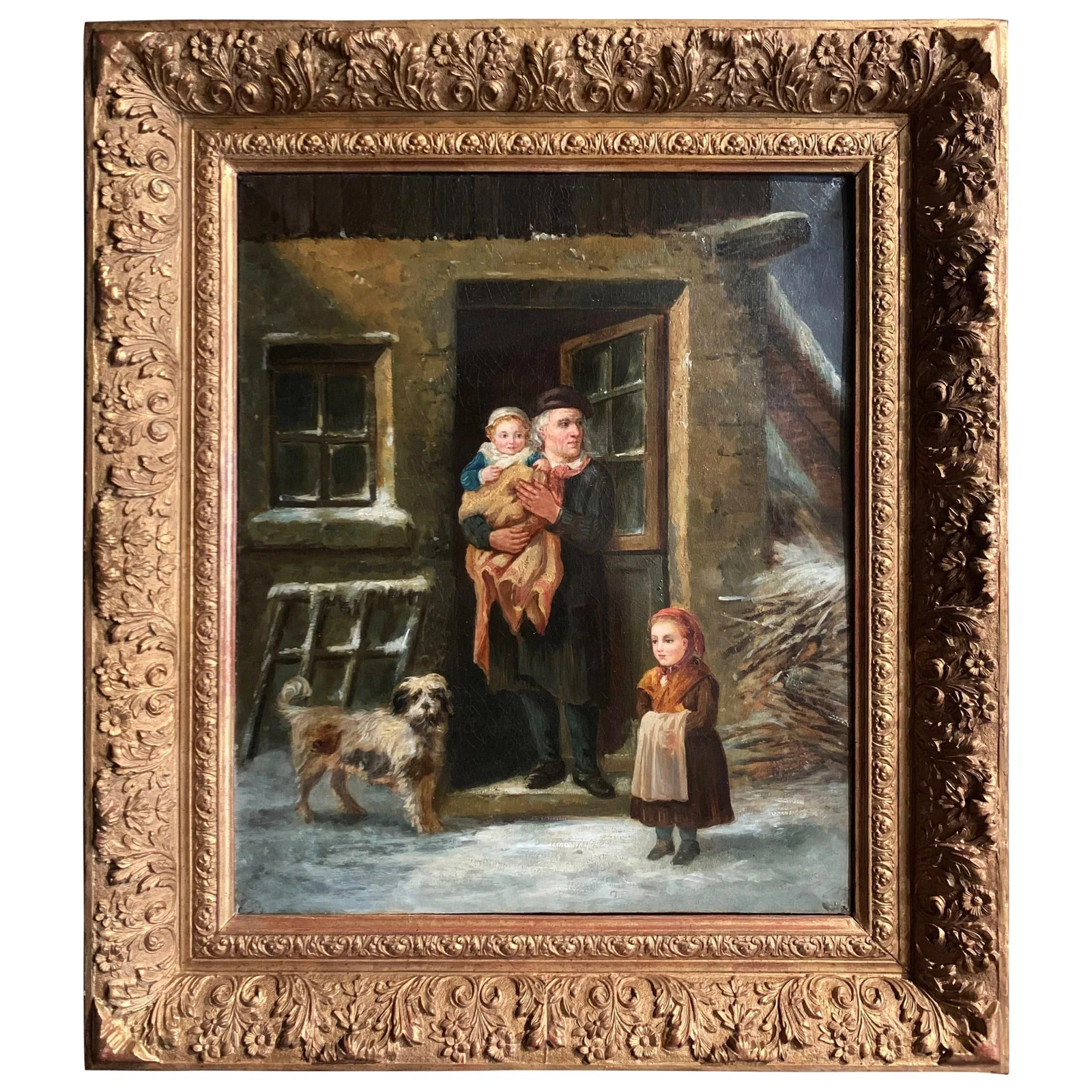 19th Century French Oil Painting Family Winter Scene Dog Giltwood Frame
