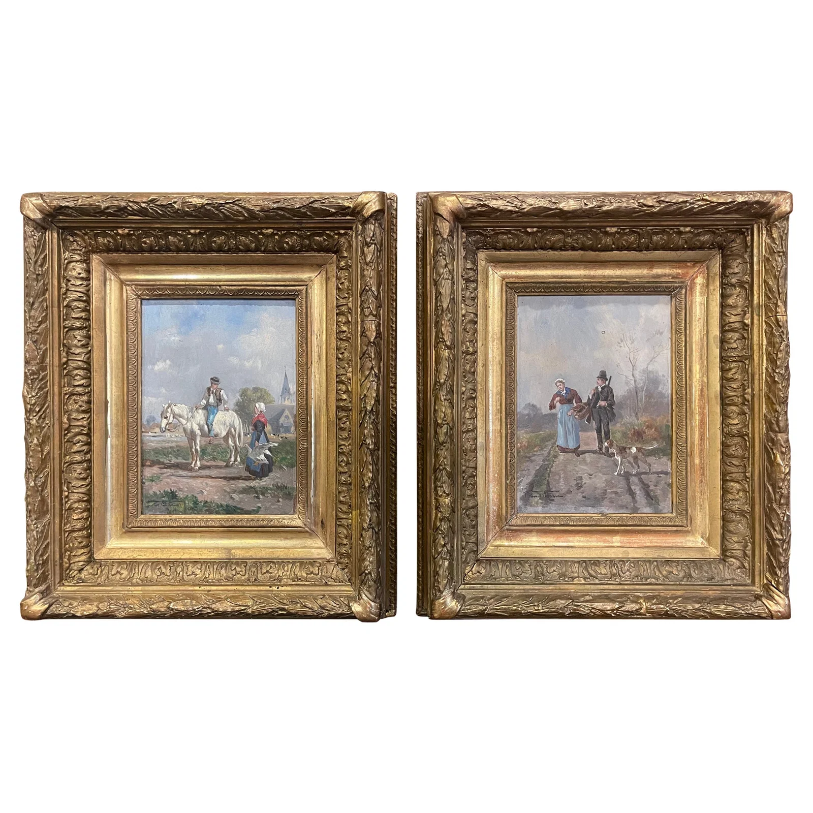19th Century French Pastoral Paintings Set in Giltwood Frames