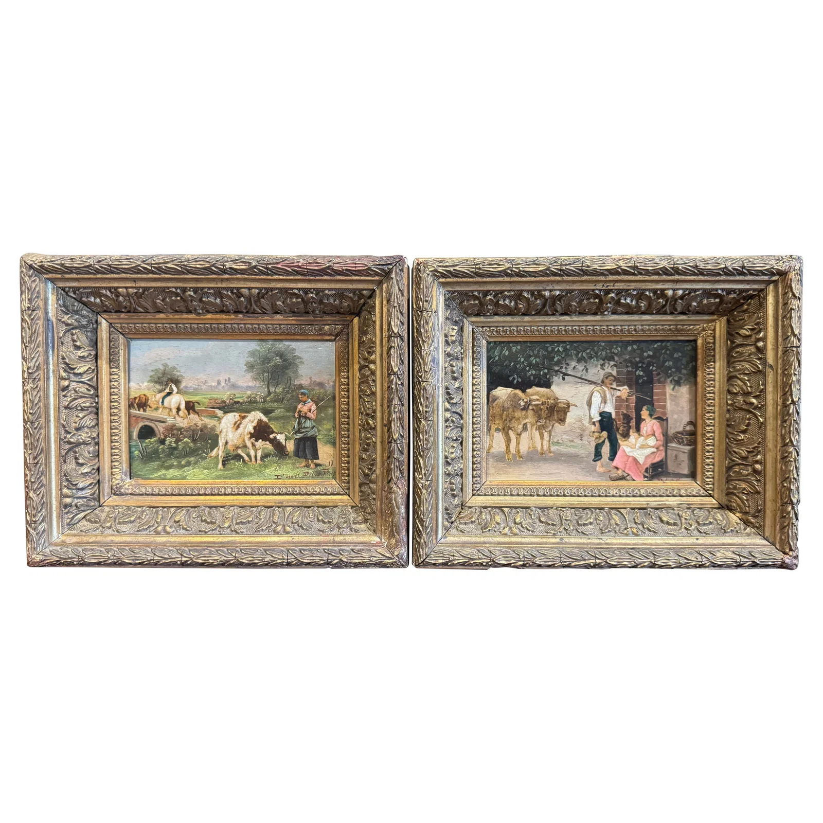 19th Century French Pastoral Paintings Set of 2 in Gilt Frames after E Debat-Ponsan