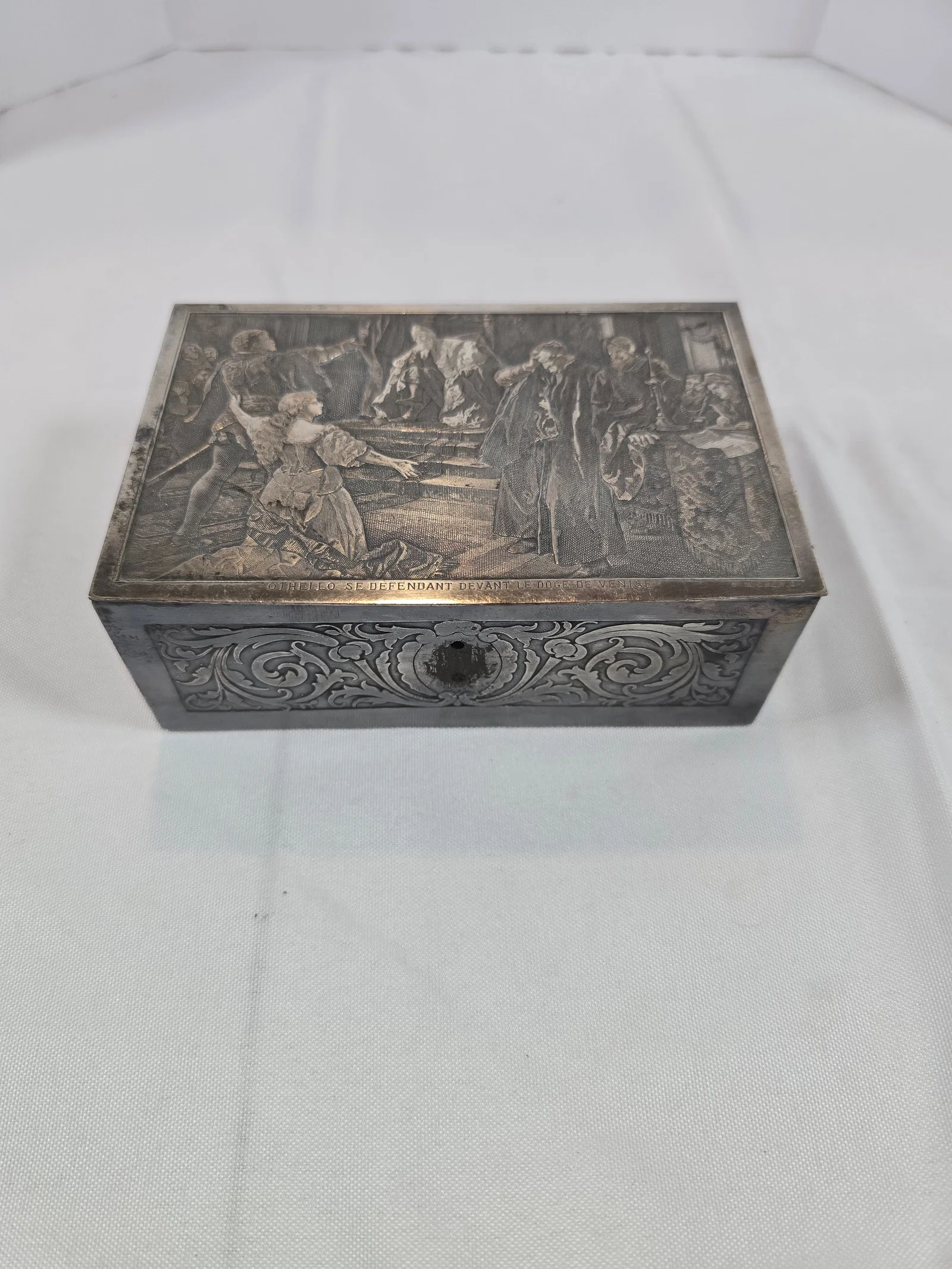 19th Century German Silvered Metal Bible Casket / Jewelry Box with Biblical Scene