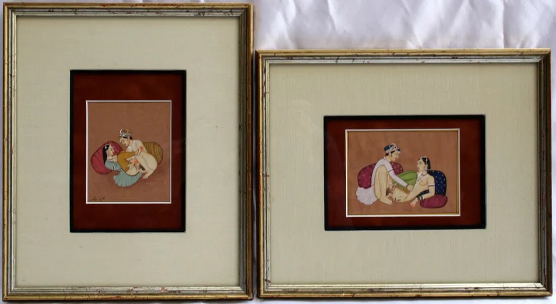 19th Century Indian Erotic Watercolors Pair Framed Signed Nudes
