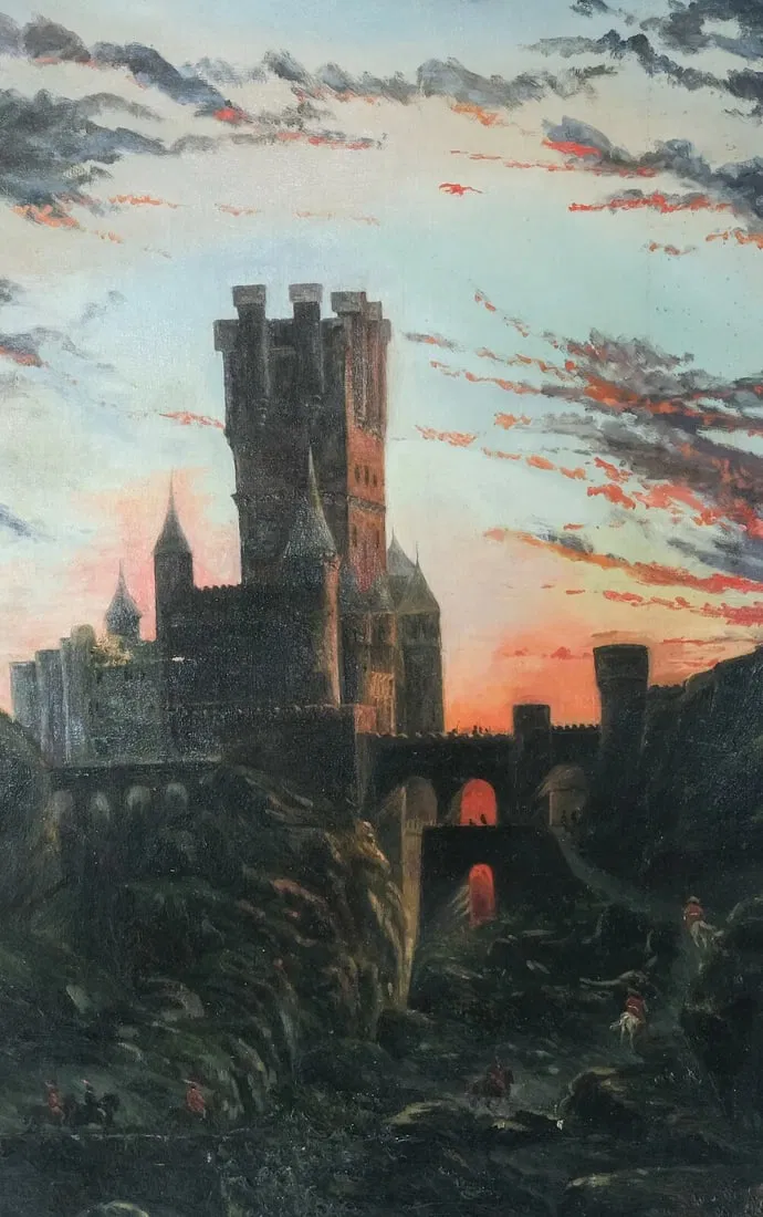 19th Century Landscape Castle, People, Sunset - Painting Antique Original Oil