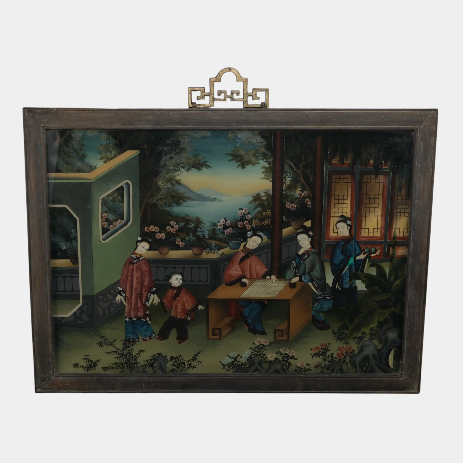 19th Century Qing Dynasty Chinese Reverse Painting On Glass Framed Wall Art