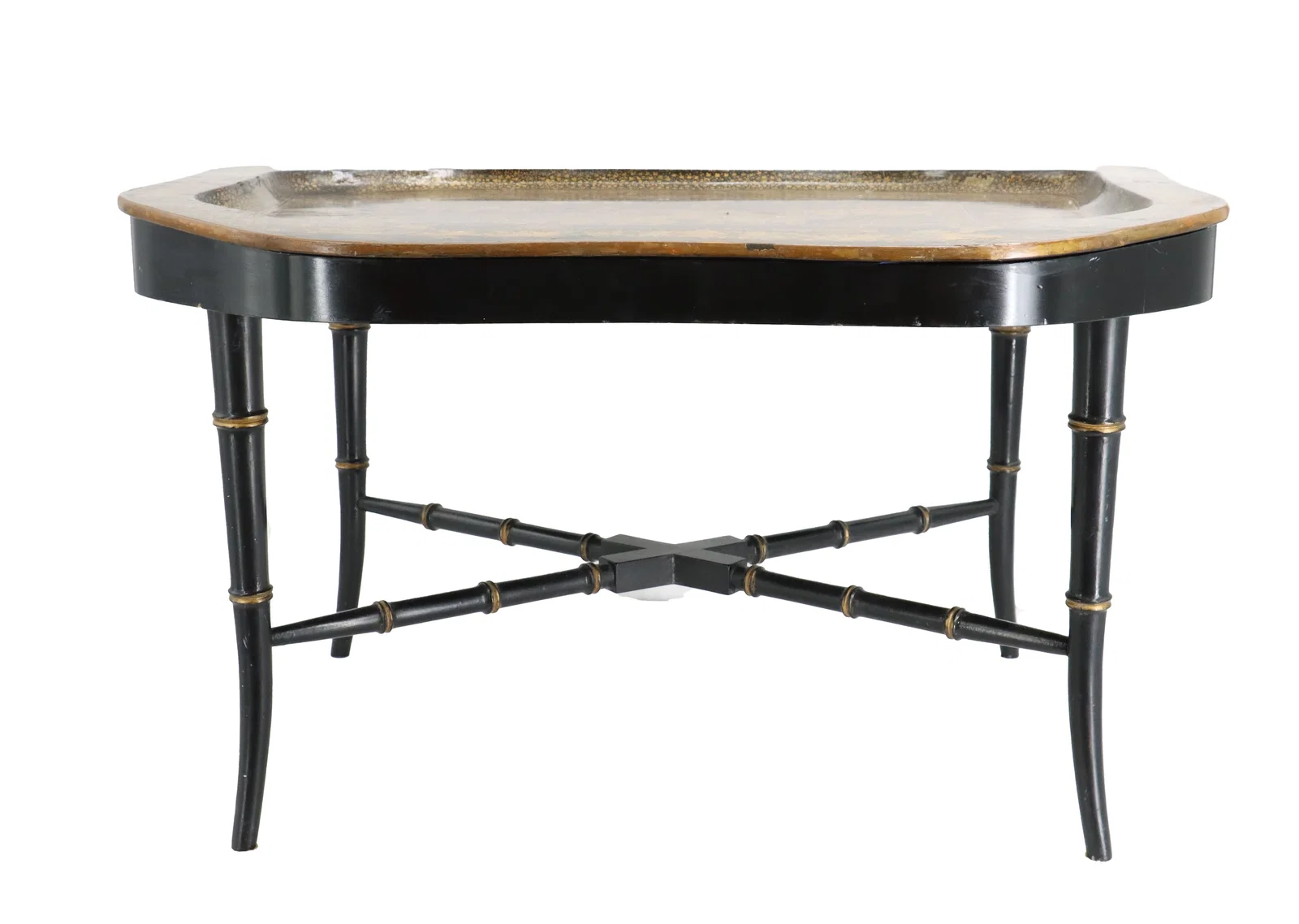 19th Century Regency Lacquered Gilt Papier Mache and Faux Bamboo Chinoiserie Tea Tray Table