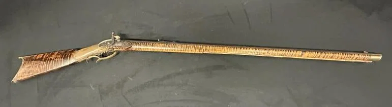 19th century tiger maple percussion rifle, made by PENNSYLVANIA RIFLE WORKS, measures 54.5" long,