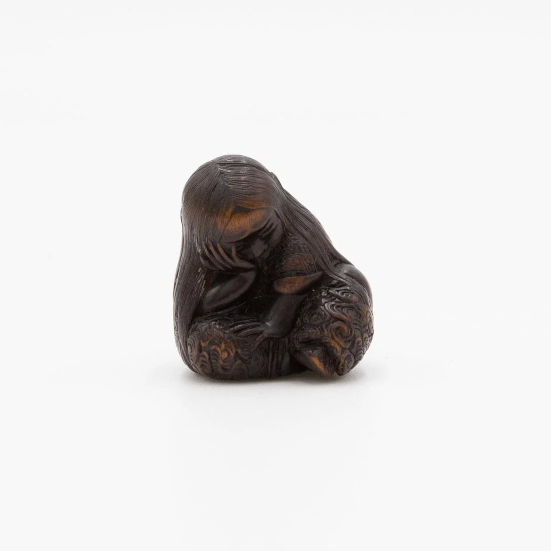 19th-Century Wooden Netsuke, Sleeping Shojo, Signed Yoshihisa