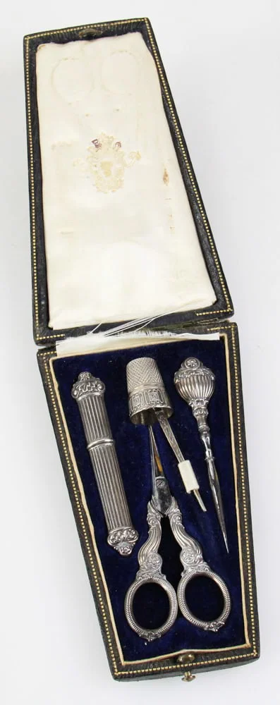 19thC French Silver 5-Piece Sewing Kit in Case