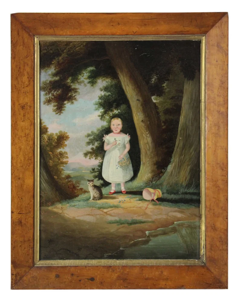 19thC Portrait of Young Girl with Roses, Oil on Canvas