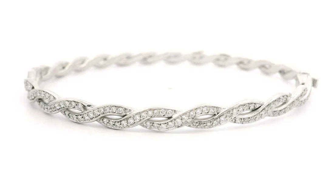 1ctw Diamond White Gold Braided Hinged Bangle Bracelet