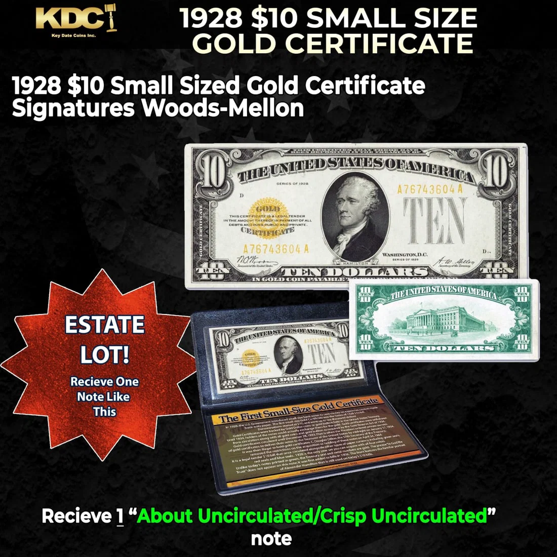 1x 1928 $10 Small Size Gold Certificate Grades AU/CU