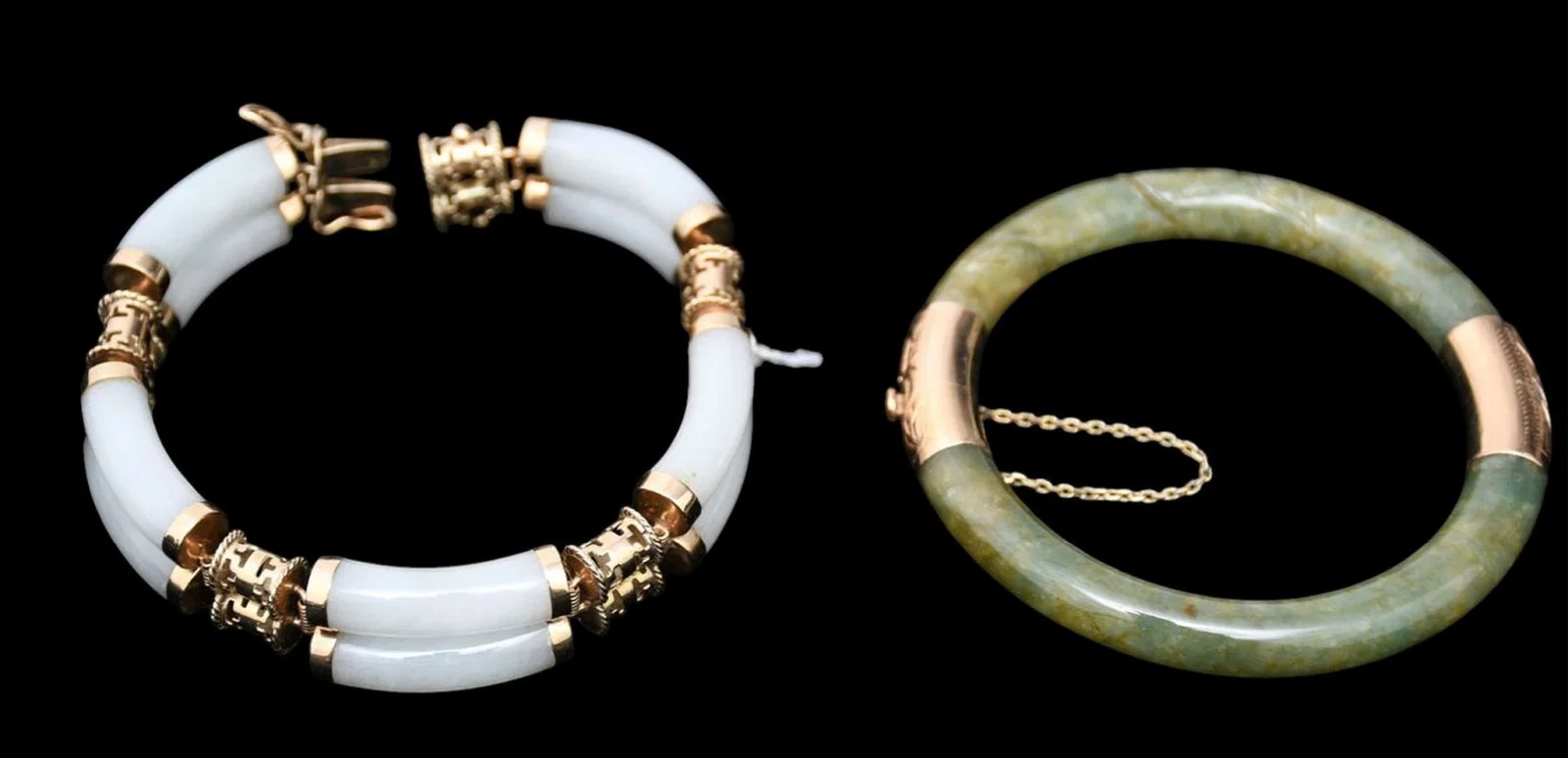 2 - 14K Yellow Gold Jade Bracelet. 14K yellow gold and jade with 10 elongated cylindrical jade