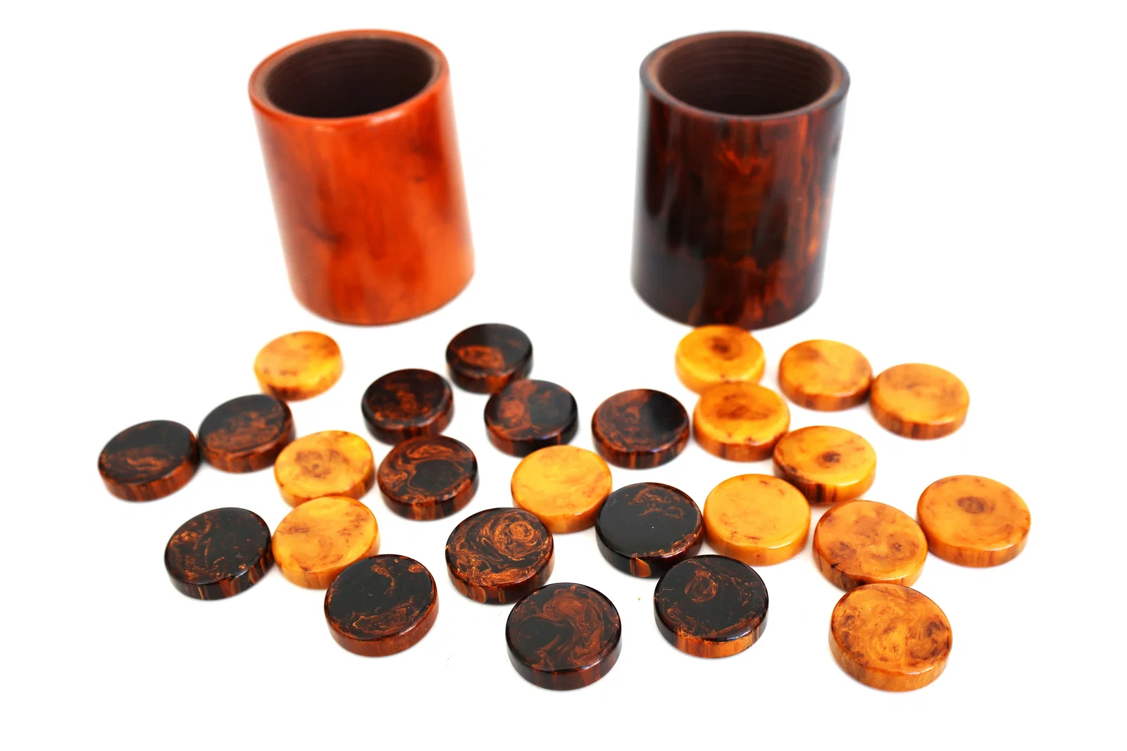 2 Bakelite Cups with Assorted Bakelite Game Chips 2 3/4 in. x 3 1/4 in., chips are 1.25 inches dia.