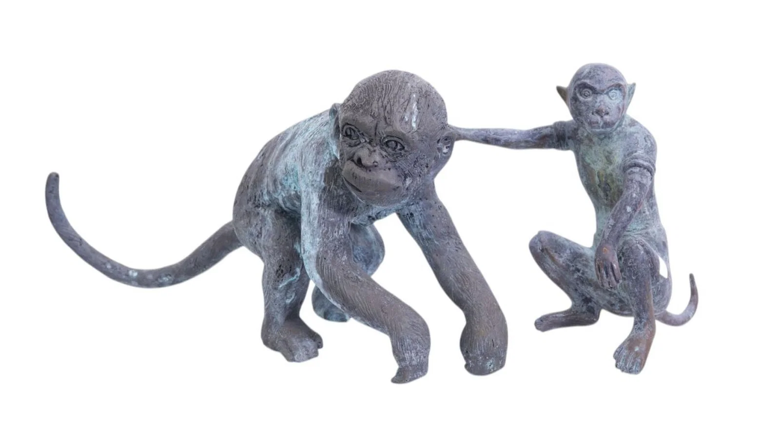 2 Bronze Verdigris Monkeys, 11"h x 24"Longest