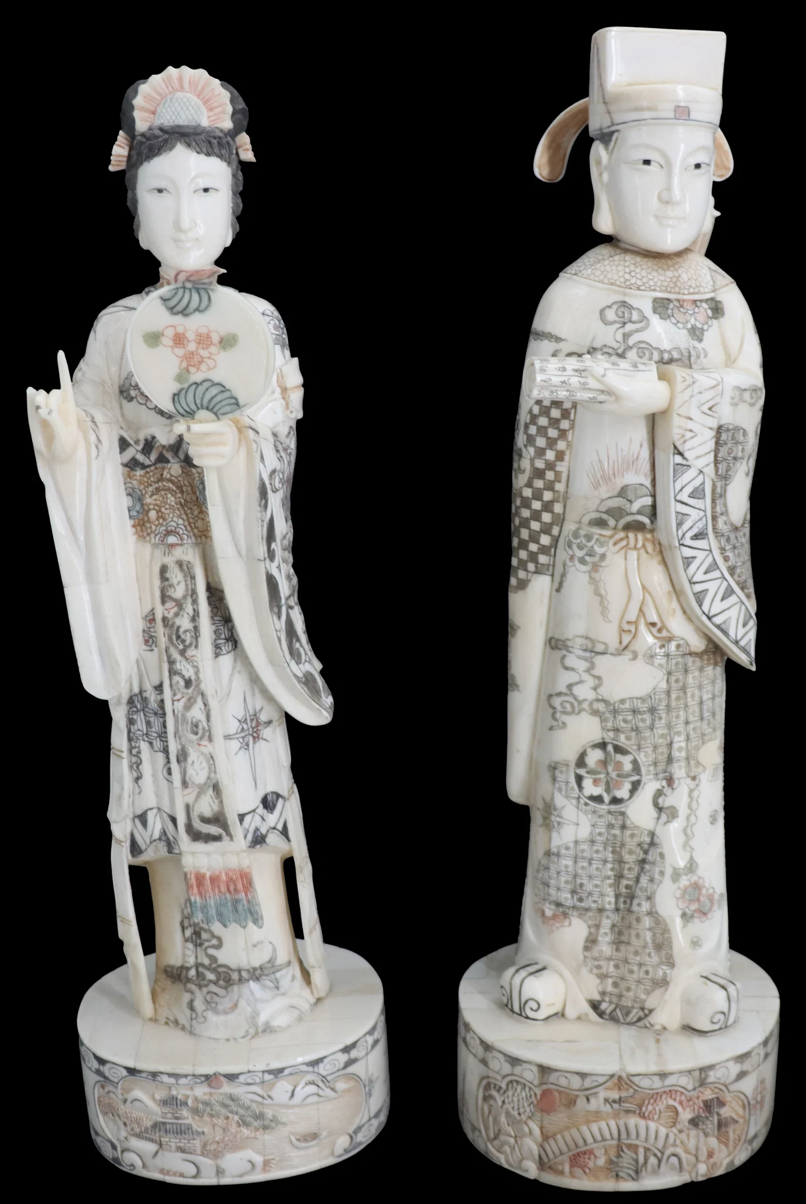 (2) Chinese Carved and Painted Bone Emperor and Empress Statues