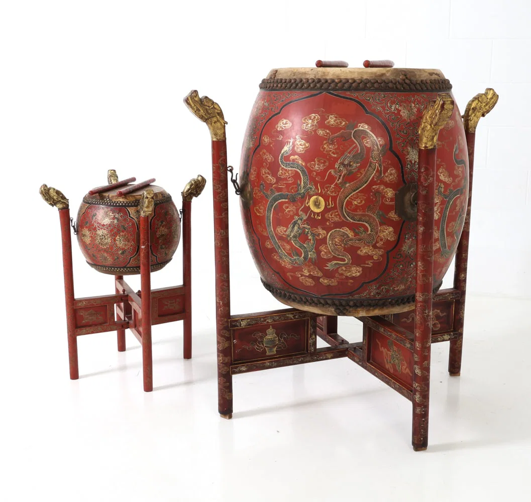 (2) CHINESE TANGGU CEREMONIAL DRUMS W STANDS