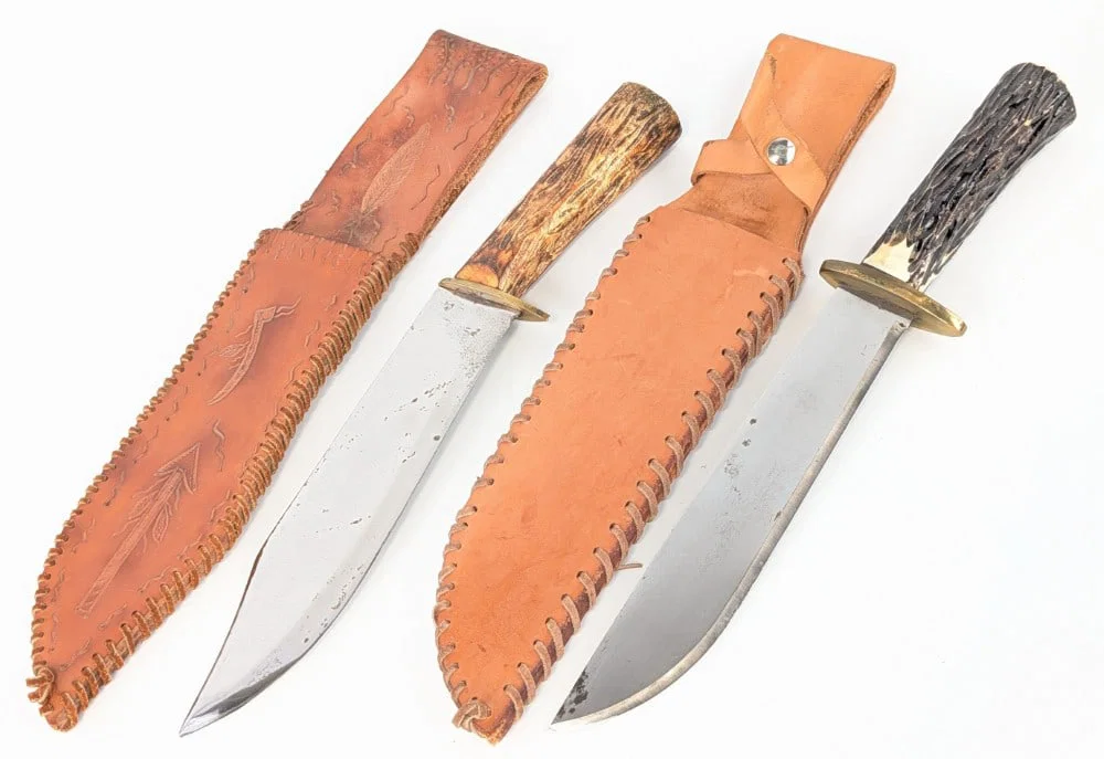 (2) Custom Faux Stag Handle Bowie Knives w/ Sheaths