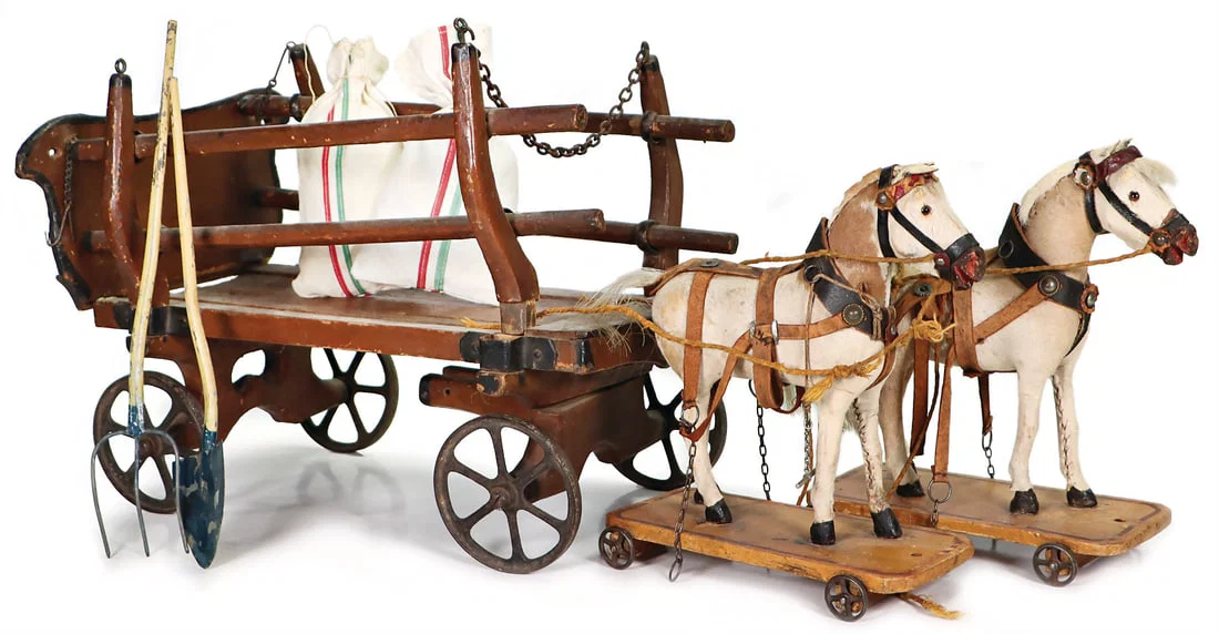 2 draught horses with cart, c. 1890, 66 cm in total, without drawbar German Description 2