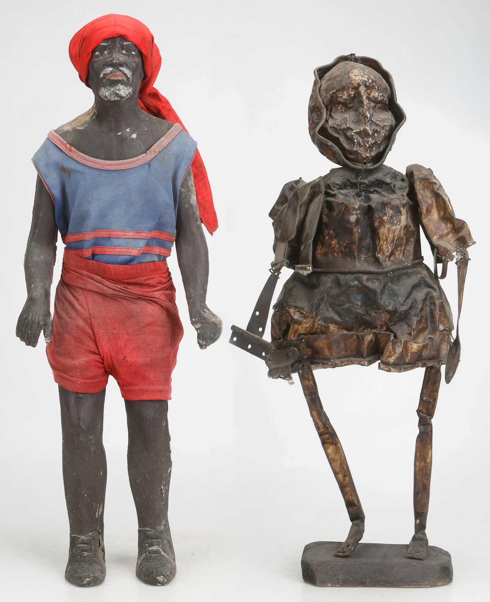 2 Haitian Folk Art Sculptures, Carved Wood, Mixed Media, H: 28.5"; 30.5"