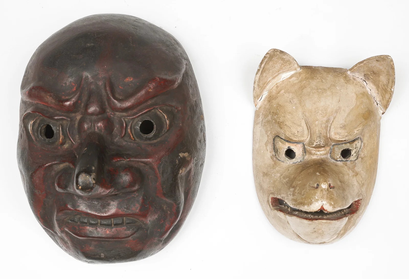 2 Japanese Theater Masks, Carved Wood, Lacquer