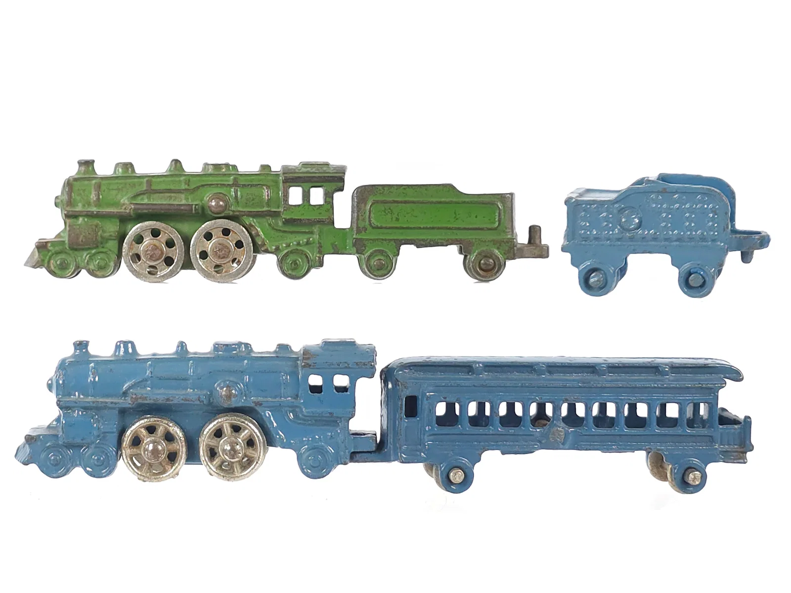 (2) Kilgore Cast Iron Train Set in Blue and Green