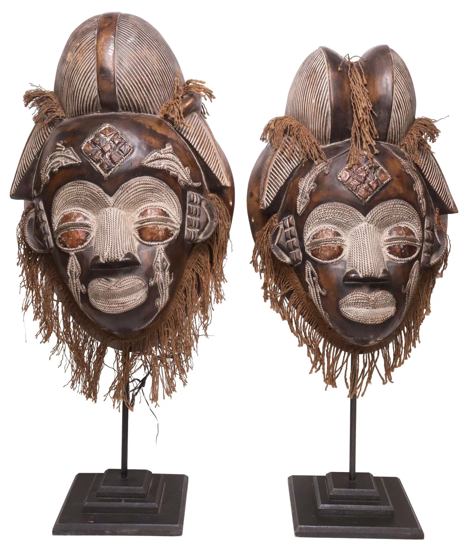 (2) LARGE AFRICAN GABONESE CARVED WOOD & COPPER PUNU MUKUDJ MASKS