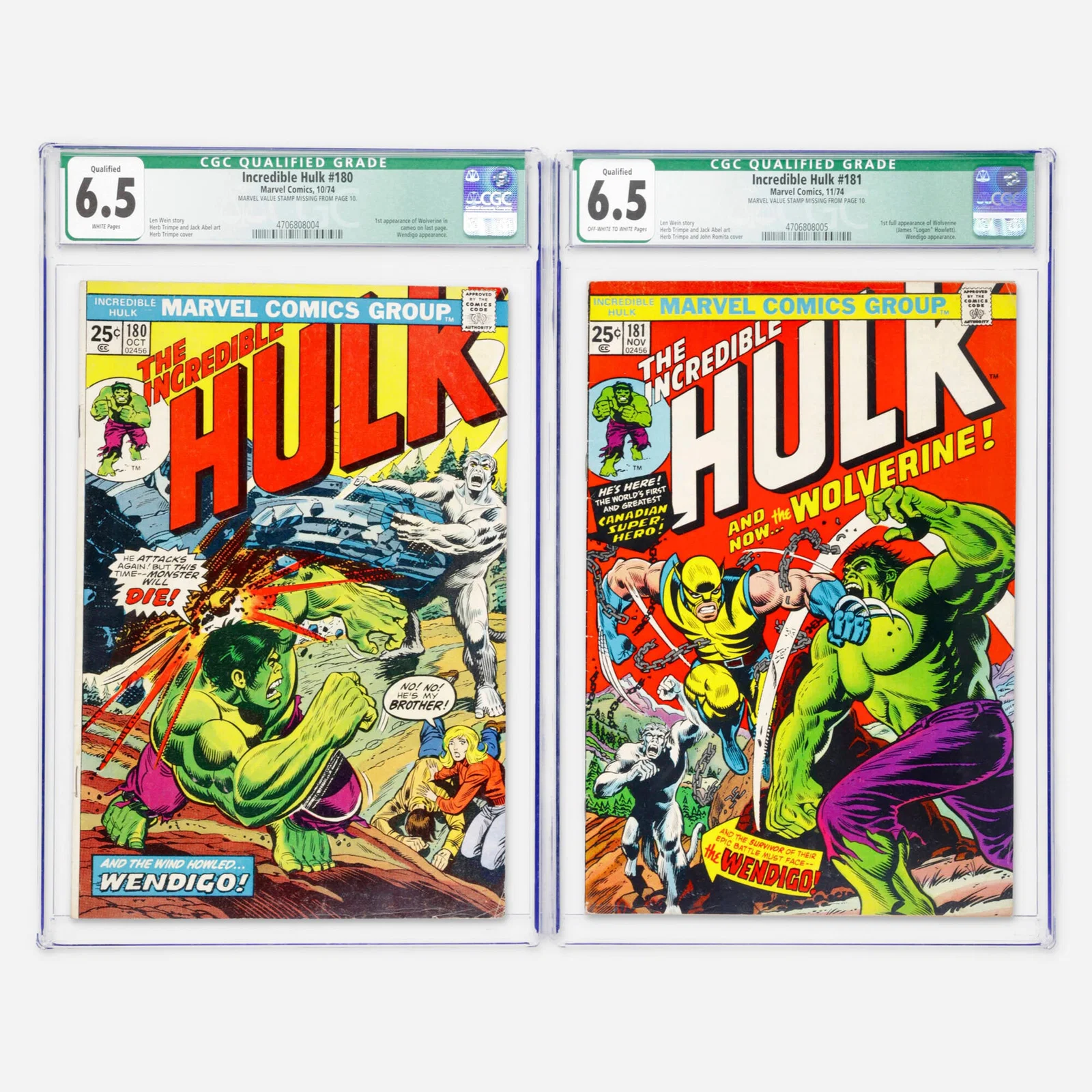 2 Marvel Comics Incredible Hulk #180 and #181 CGC 6.5 Qualified Group