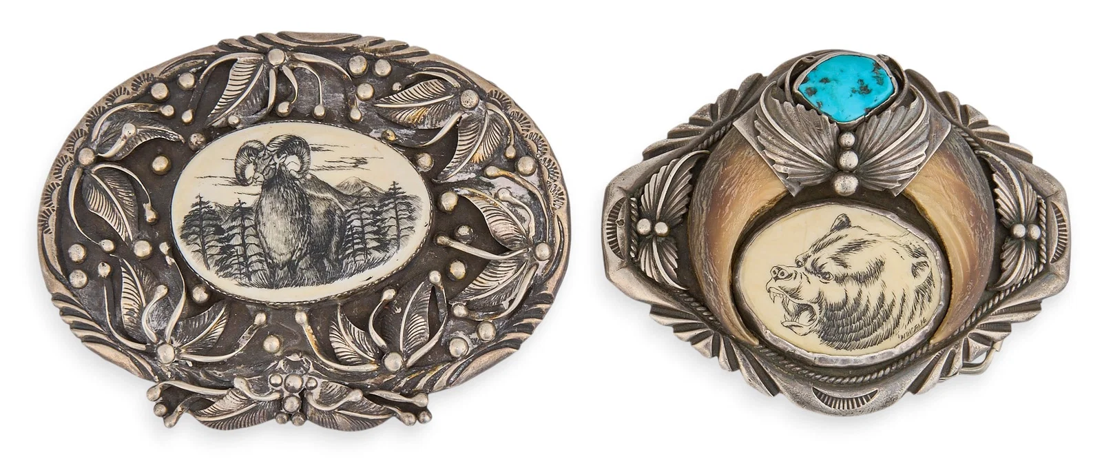 (2) Native American Sterling & Scrimshaw Buckles