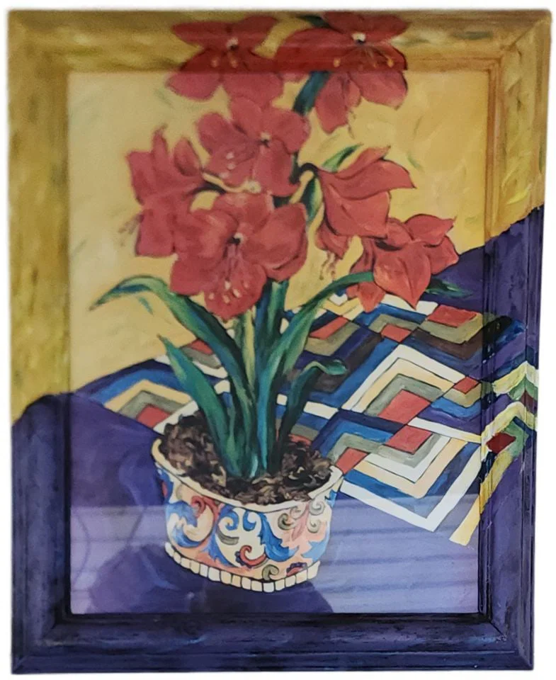 2 of 2 Vintage abstract expressionist paintings under glass w/ hand-painted frame extending image.