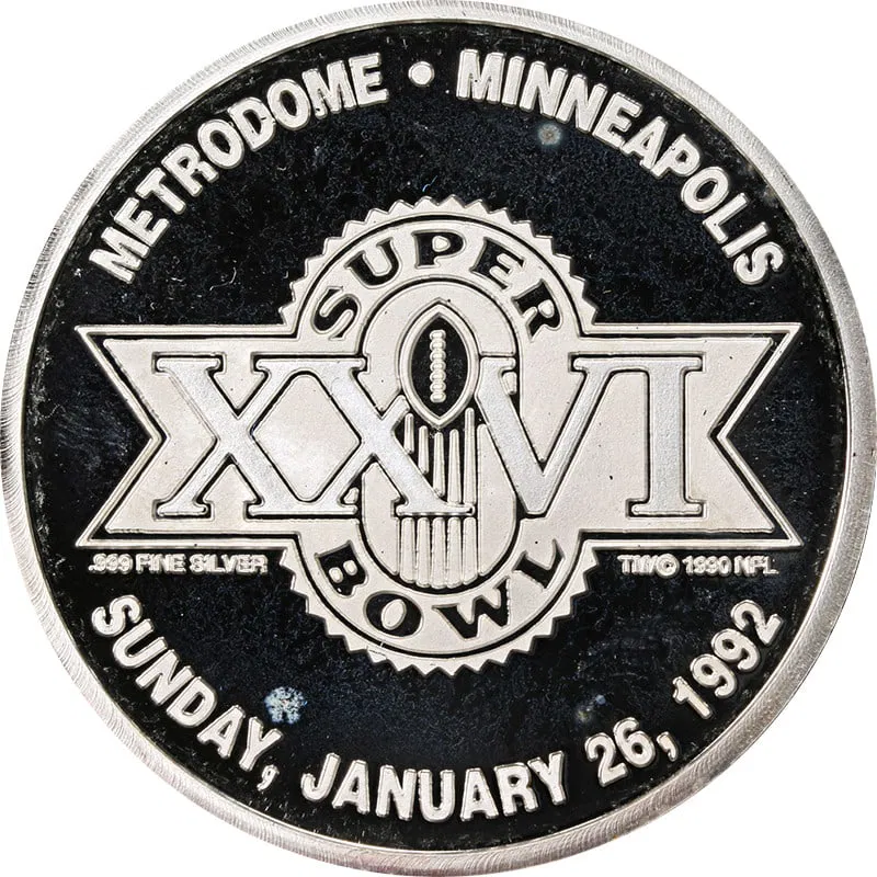 2 oz 1992 Super Bowl XXVI Silver Logo Proof Metrodome Minneapolis with OGP COA