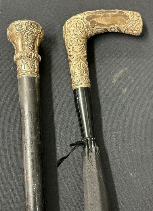 (2) pc. Lot 19th c gold filled top walking stick & possibly gold fancy handle umbrella ( both