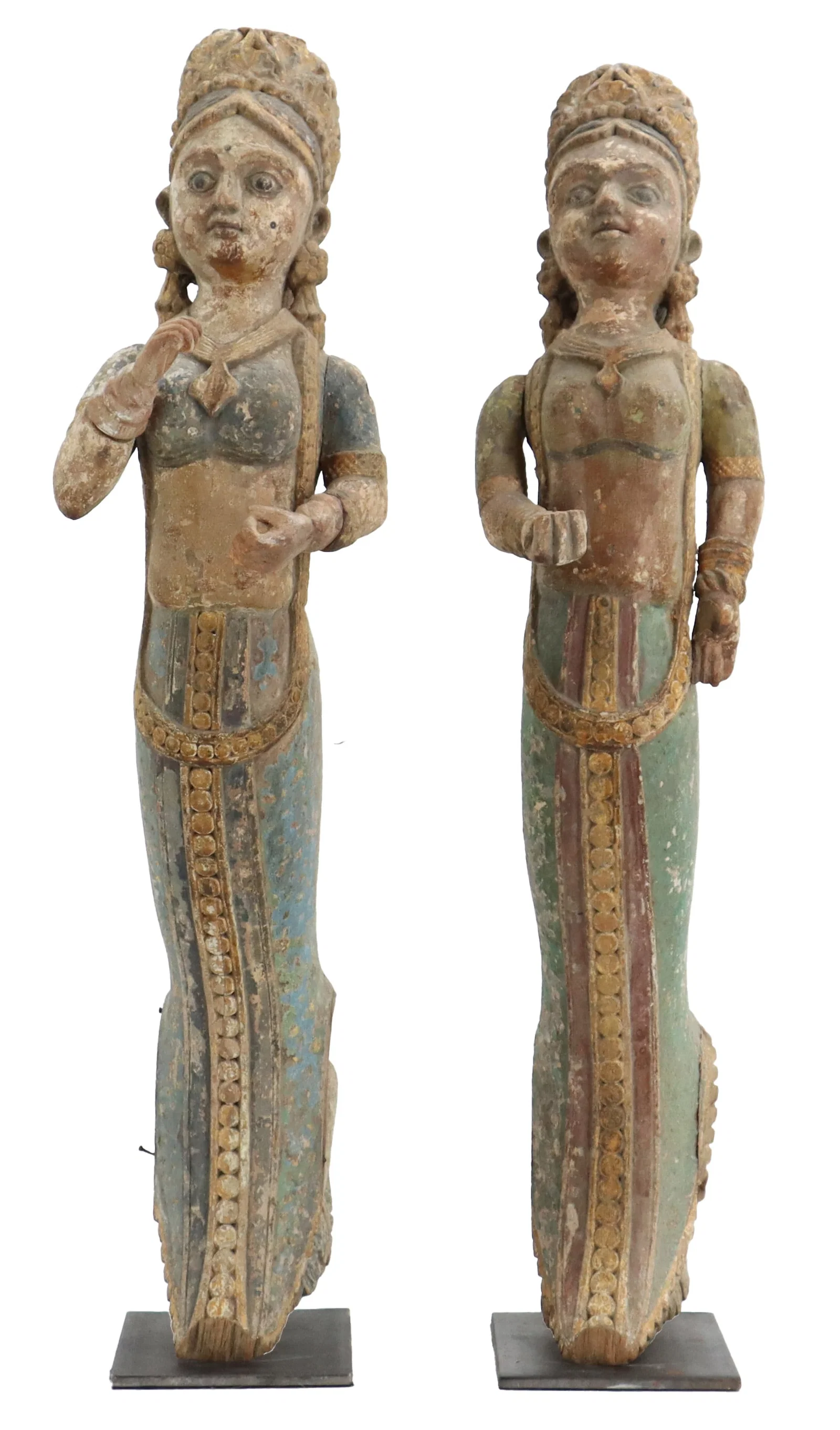 (2) Rare Indian Carved Polychrome Female Buddhas