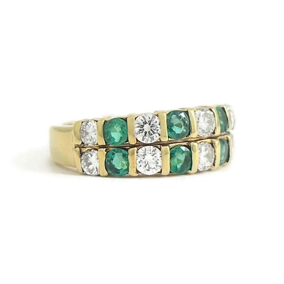 2-Row Emerald Diamond Gemlock-Set Band Ring 18K Yellow Gold, 1.86 CTW