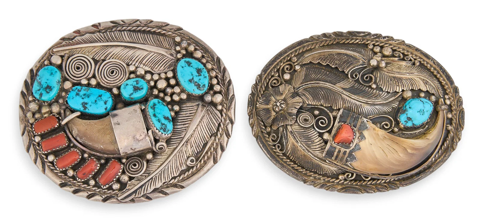 (2) Sterling Silver Turquoise & Coral Bear Claw Buckles
