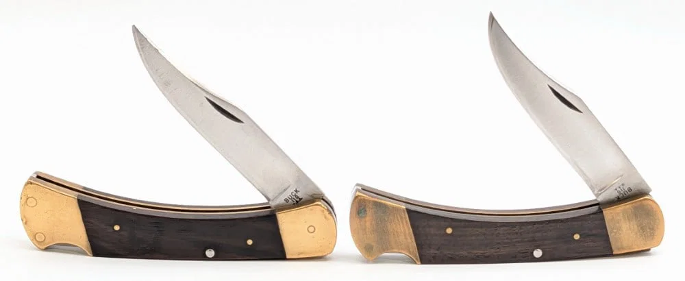 (2) Vtg Buck 110 Smooth Wood Lockback Folding Knives