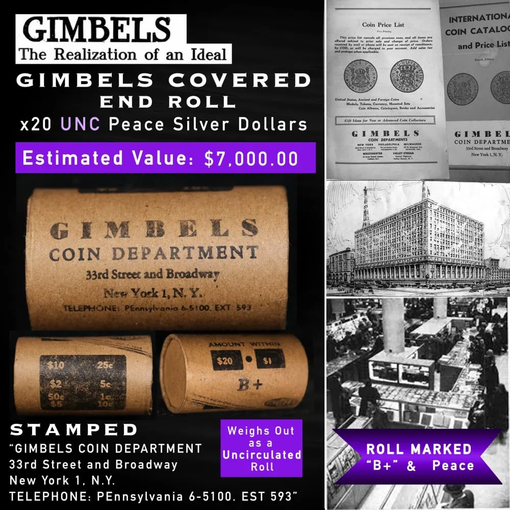 20 Coin GIMBLES Roll Unc Peace Dollar B+