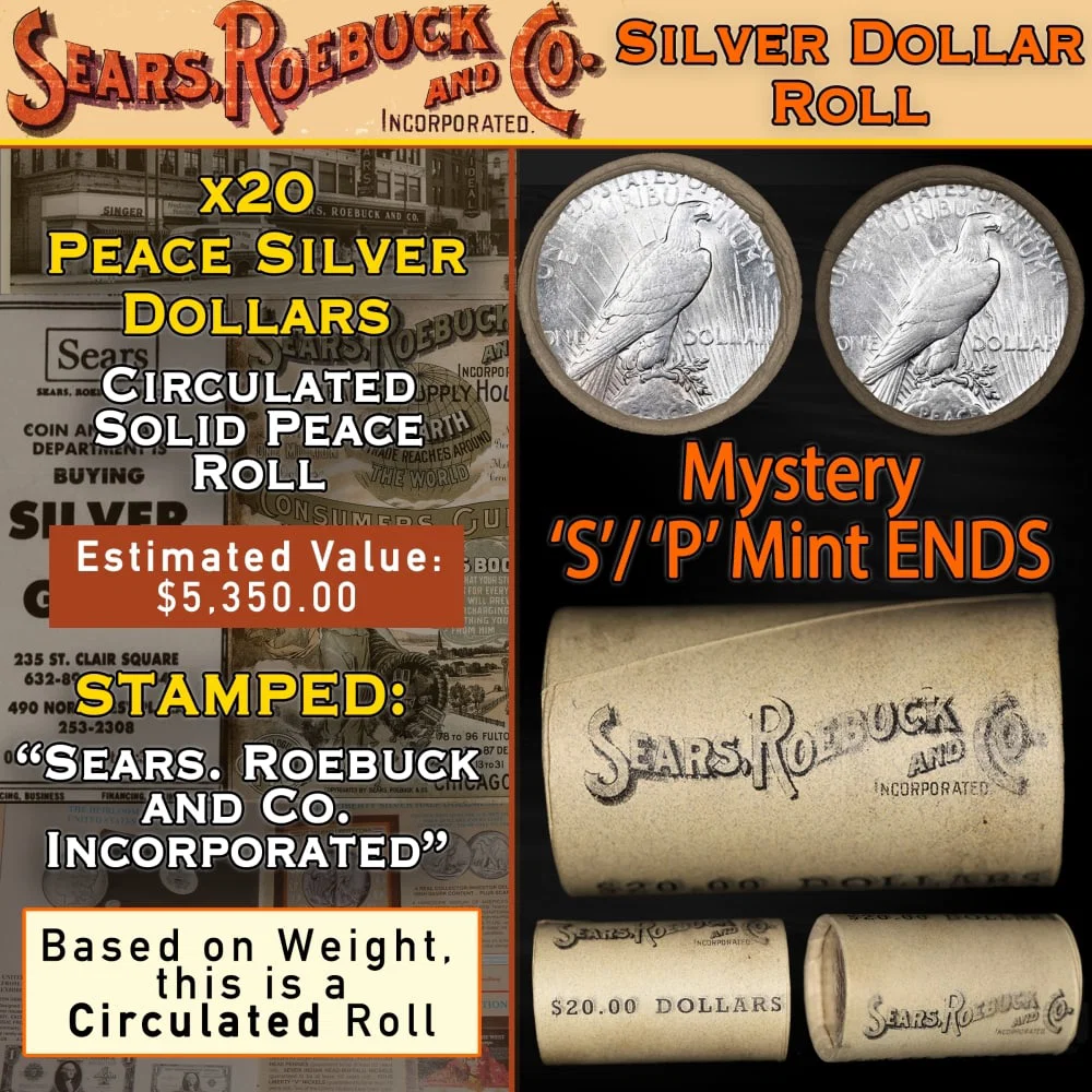 20 Coin SEARS Peace Silver $1 Roll Circ Mystery 'S' Rev/'P' Rev Ends