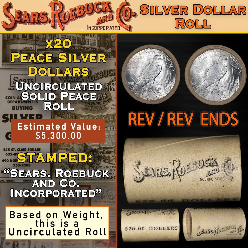 20 Coin SEARS Peace Silver $1 Roll Uncirculated Mystery 'P' Rev/'P' Rev Ends