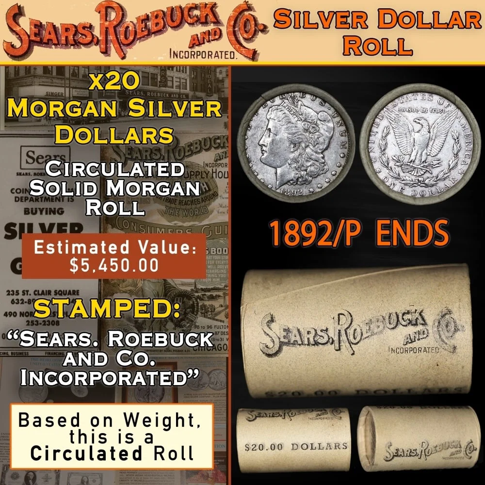 20 SEARS Morgan Silver Dollar $1 Roll CIRC 1892/'P' Rev Ends