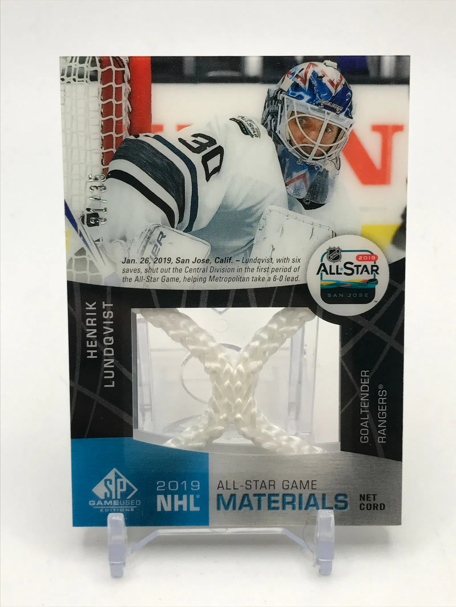 2019 UPPER DECK SP GAME USED HENRIK LUNDQVIST MATERIALS