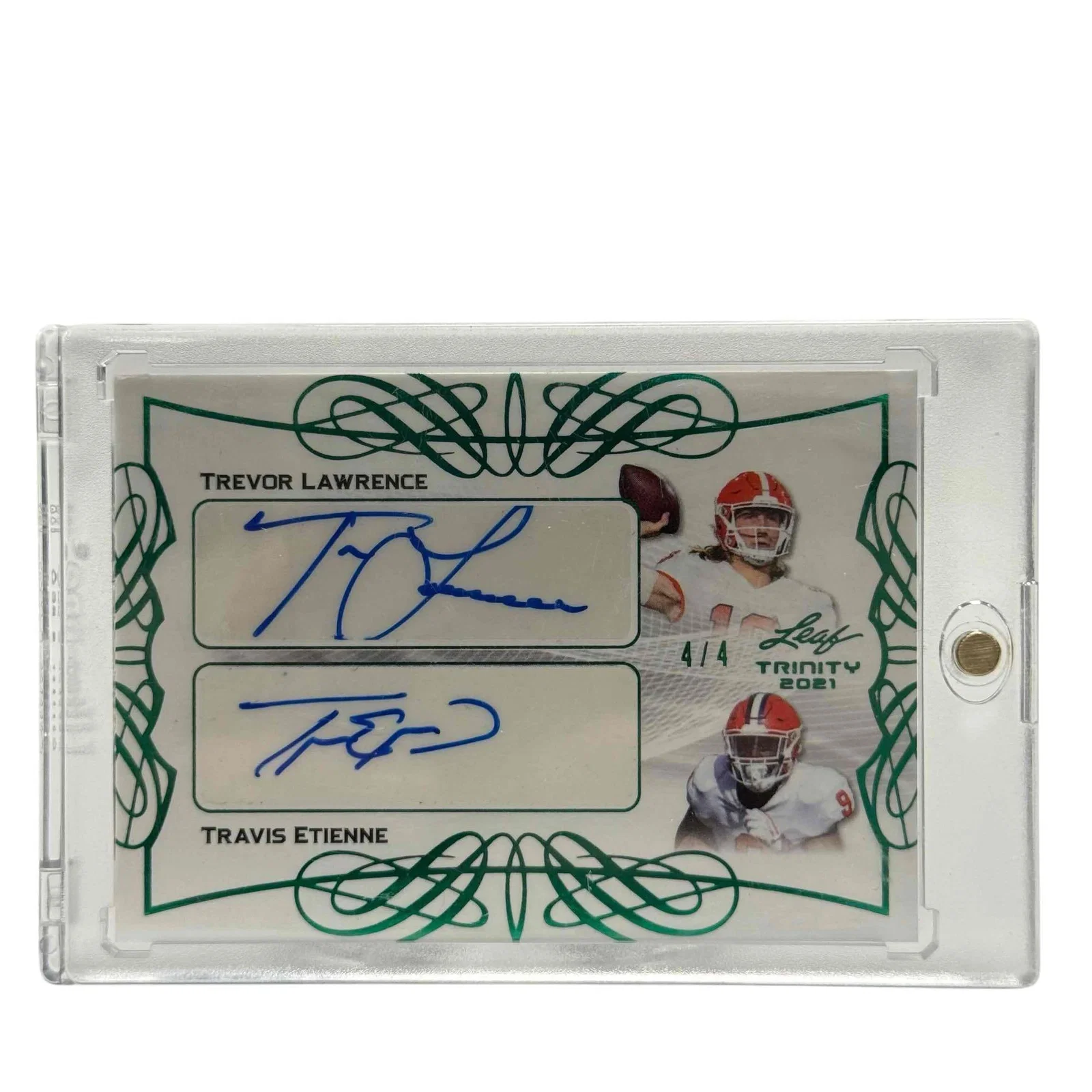 2021 Leaf Trinity Green Spectrum Dual Auto Trevor Lawrence and Travis Etienne #4/4