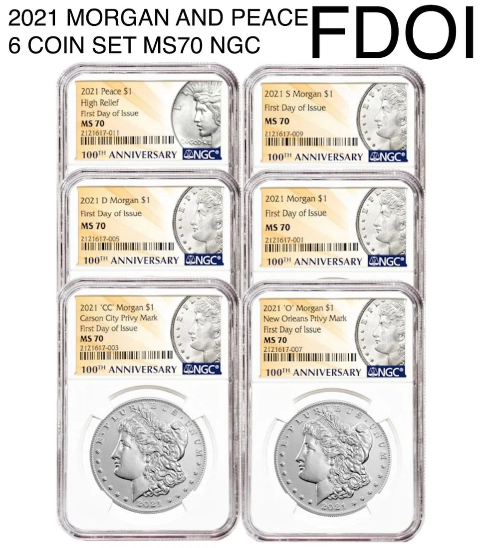 2021 Morgan Peace Dollar 6 Coin Set MS70 NGC First Day of Issue