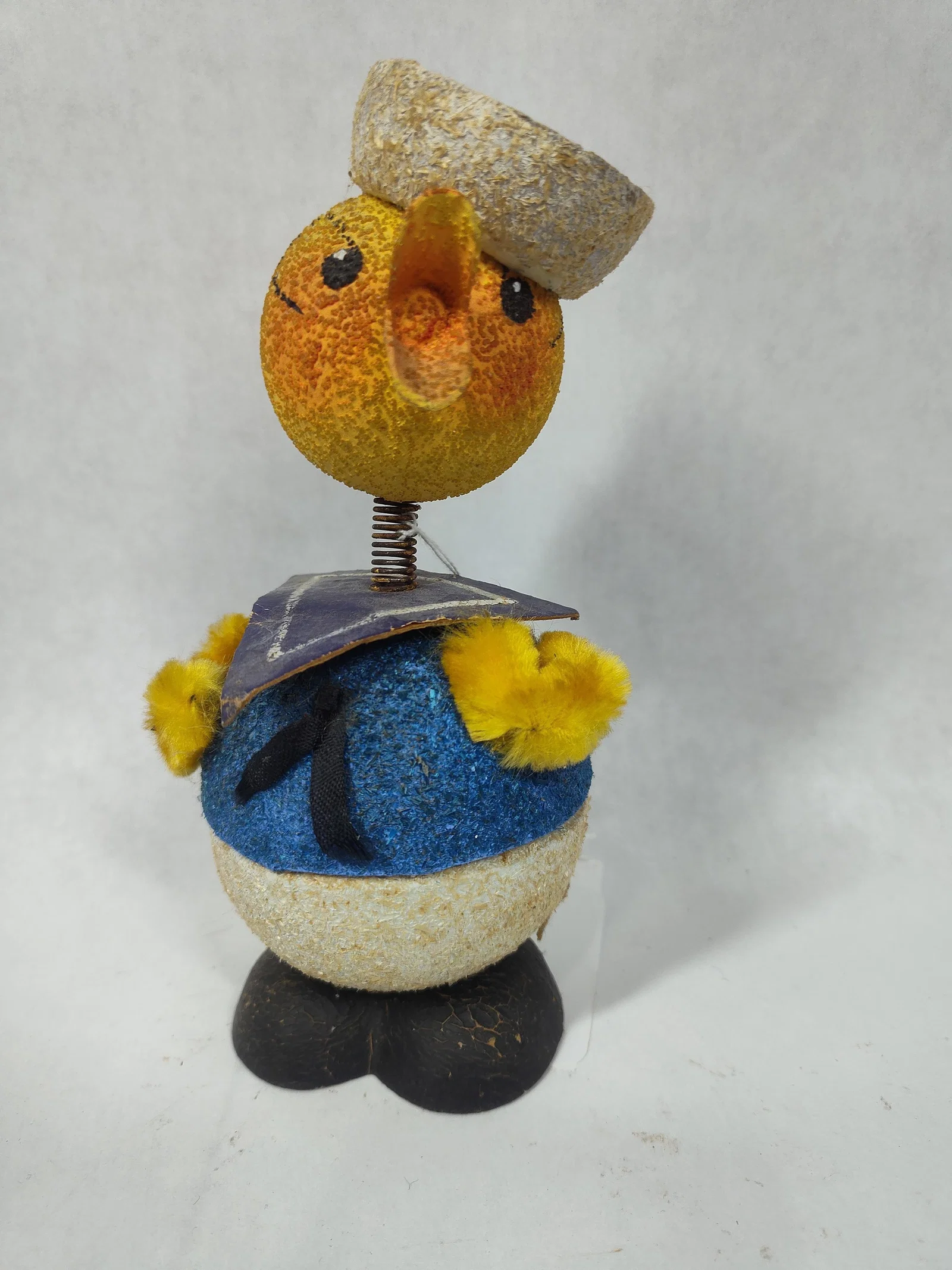 20th C. West Germany Paper Mache Bobble Head Flocked Chick Easter Candy Container