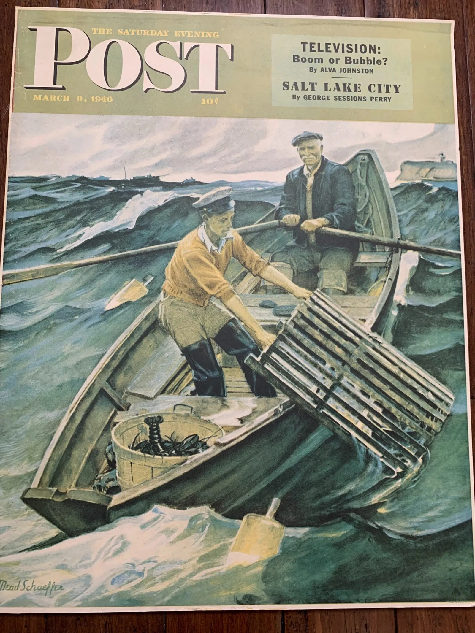 22x28 1946 Newstand Poster Saturday Evening Post - Art By Mead Schaeffer lobstermen - Foam Backed