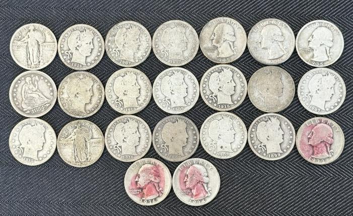 (23) US silver quarters, some early, some worn, just as we found them in local estate.